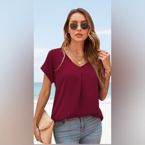 Women's Burgundy V-Neck Chiffon Blouse Short Sleeve Size XXL